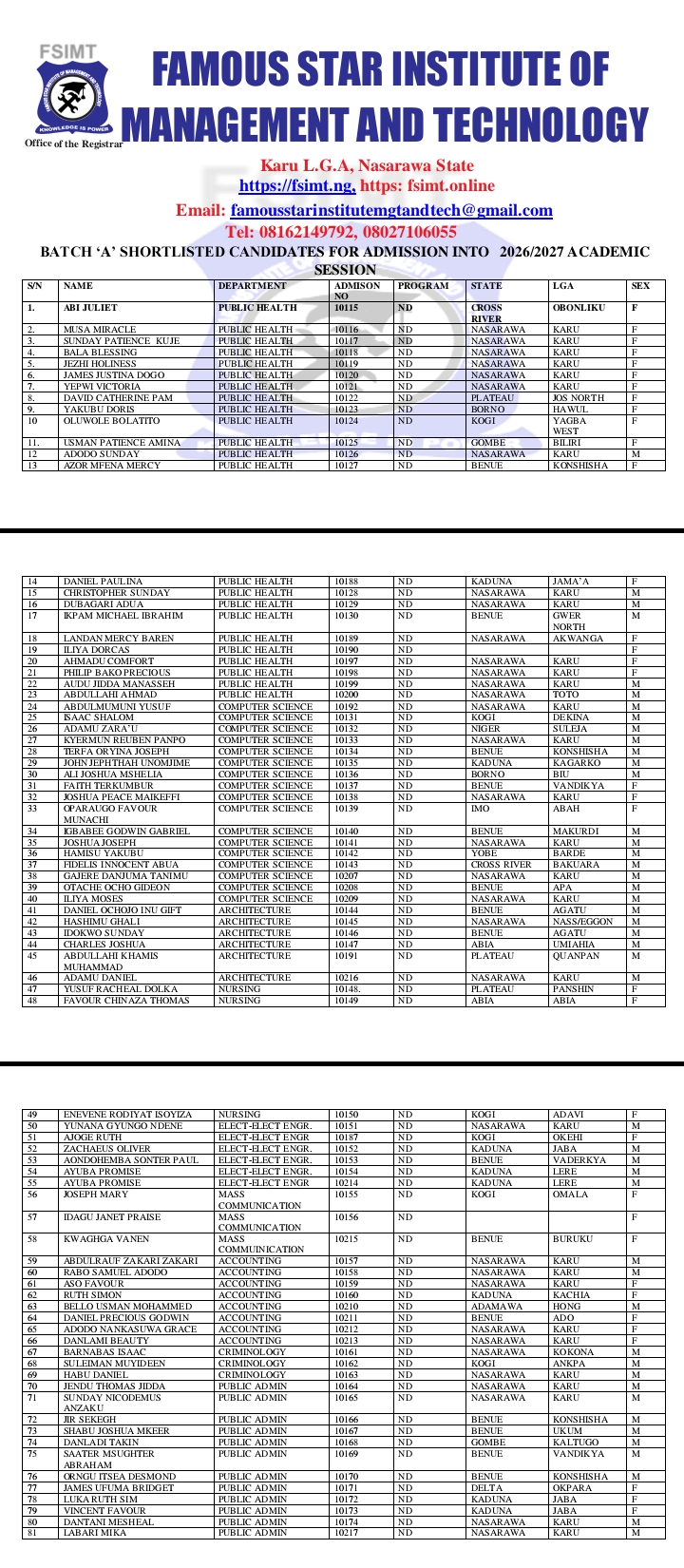 Publication of Batch A Admission List For 2026/2027 Session